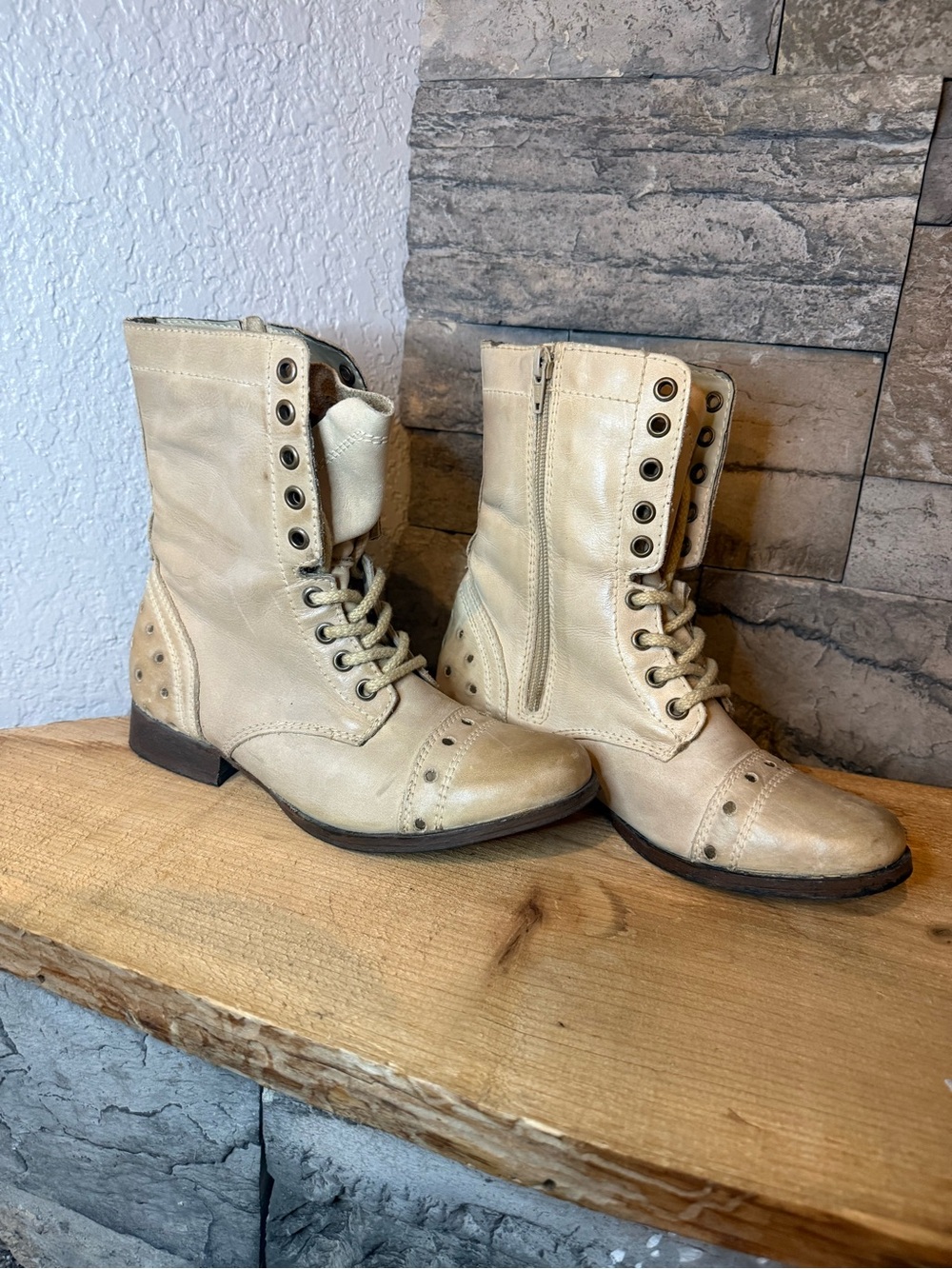 naughty monkey Cream Lace-Up Combat Boots with Side Zip